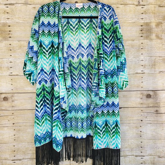 Large LuLaRoe Fringed Monroe 'Kimono' - Bue Green White Watercolor Print - Picture 1 of 5